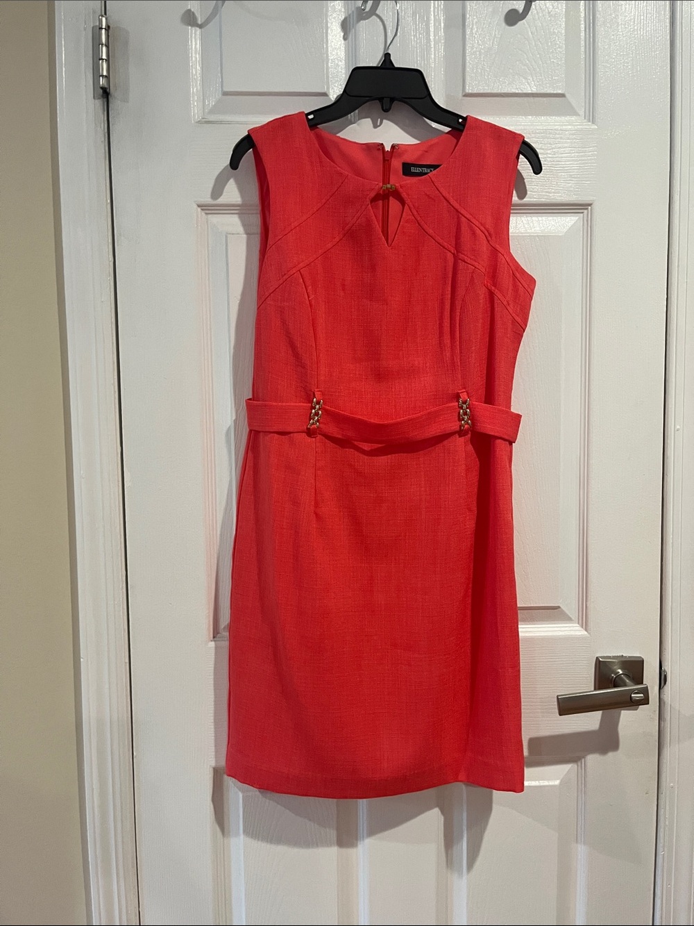 Ellen Tracy Coral-Red Sleeveless Sheath Dress with Belt Detail